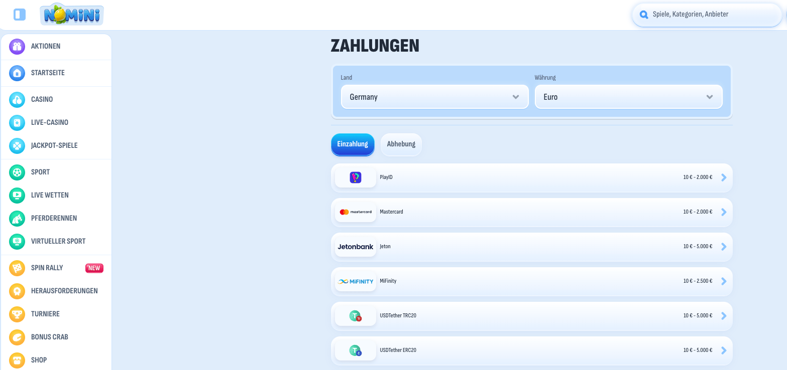 Nomini Casino Zahlungsoptionen