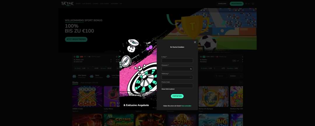 Registrierung bei Tiktakbet Casino