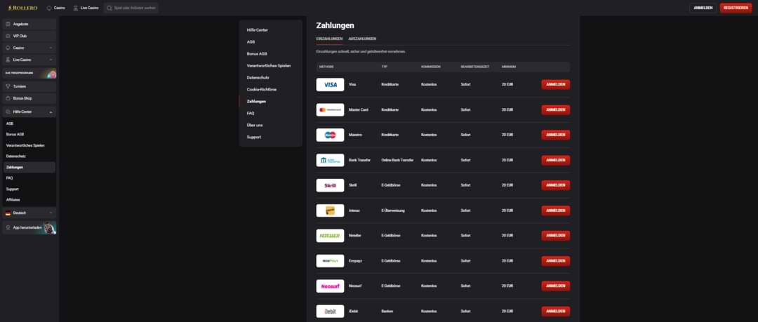 Zahlungsmethoden - Rollero Casino