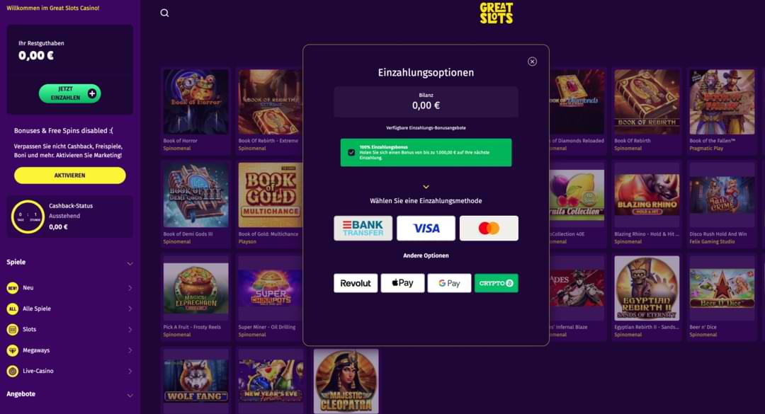 GreatSlots Casino Zahlungsmethoden